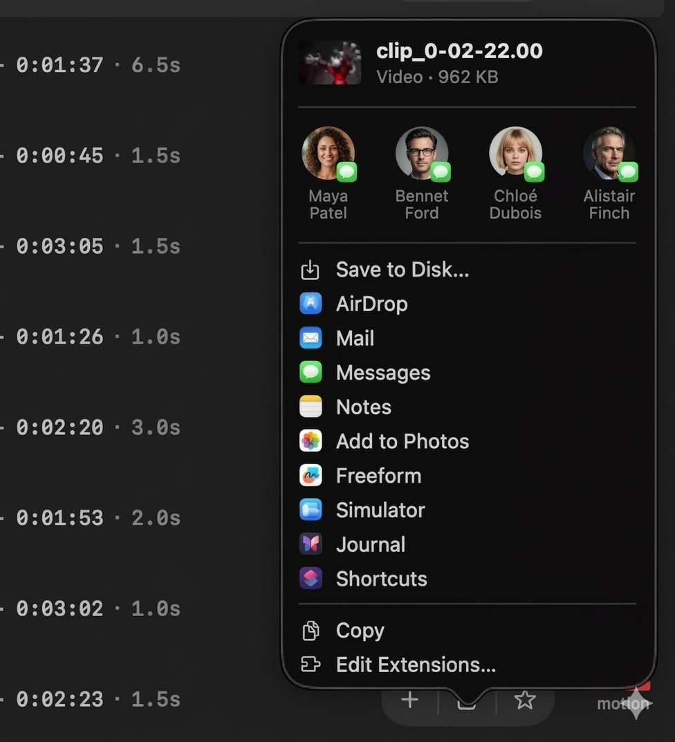 Lagoon Studio export interface showing selected moments and MP4 export options